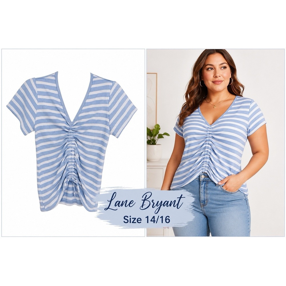 Lane Byant Blue & White Striped Ruched Front Adj. Tie Shirt Sz 14/16 Coastal